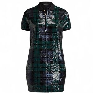 NEW Ralph Lauren Black Label Sequin Plaid Polo Dress Sz XL in Green Blue Black